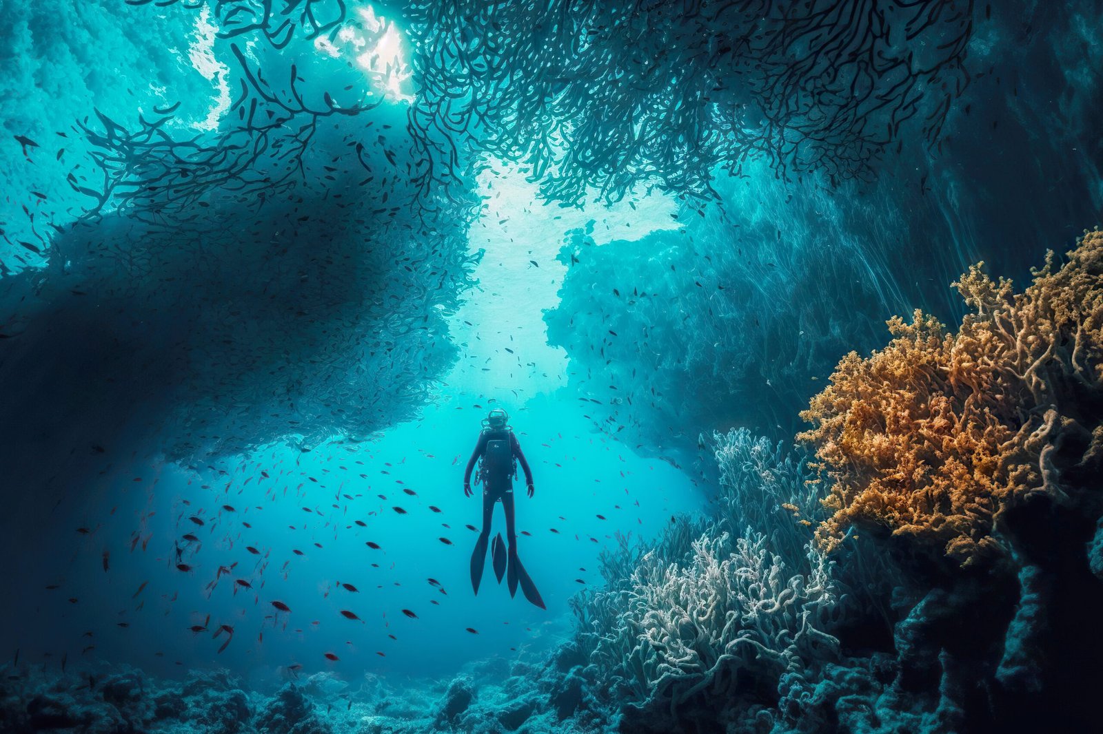 Figure floating among reefs with flippers who is engaged in freediving