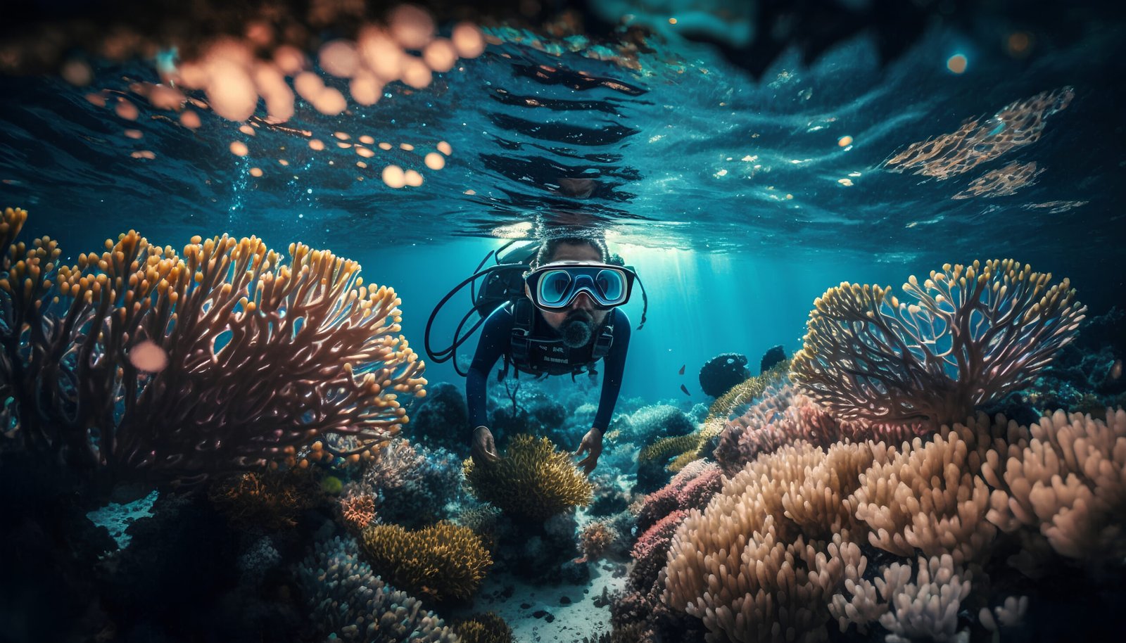 Scuba diver swimming in the tropical sea. Underwater photography.